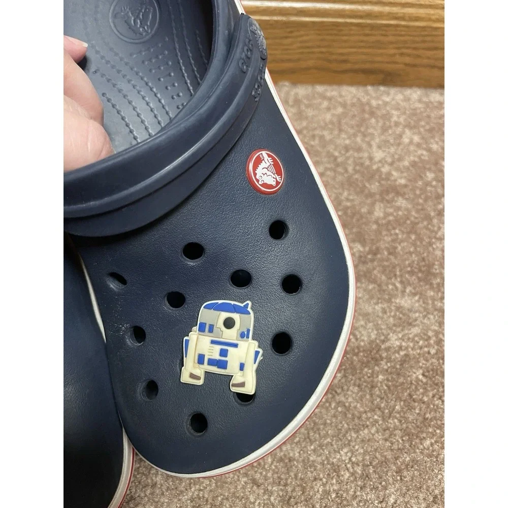 Crocs Classic Clog Shoe Kids Juniors 3 Navy Blue Red Strip Slip On R2D2 Charm‎